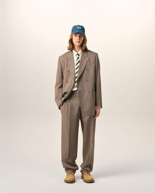 AMI Natural Striped Wool Two-Pleats Trousers for men