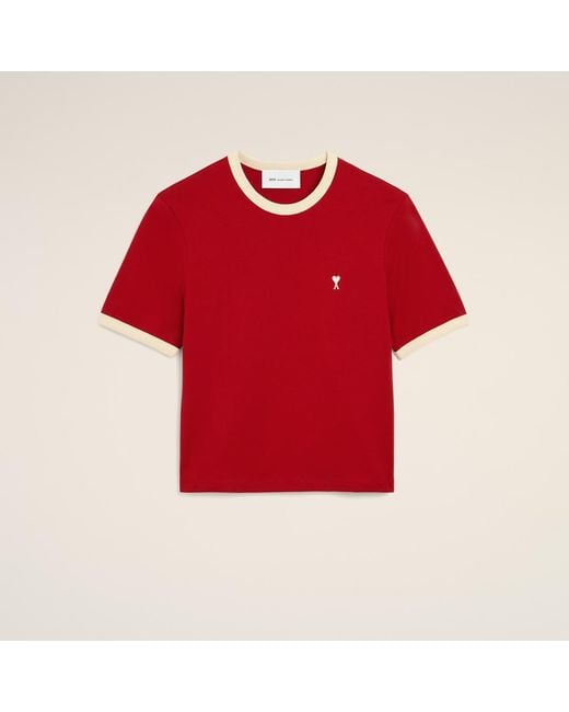 AMI Red Contrasted Cotton T-Shirt With Ami De Coeur for men