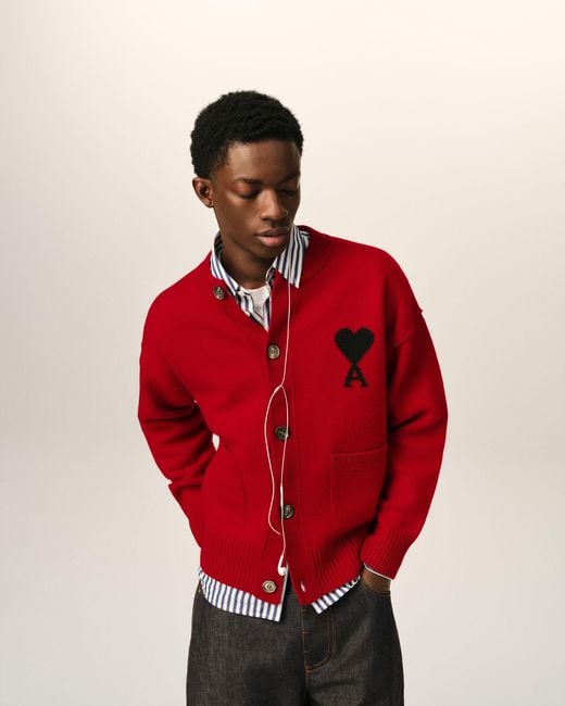 AMI Red Crewneck Wool Cardigan With Ami De Coeur