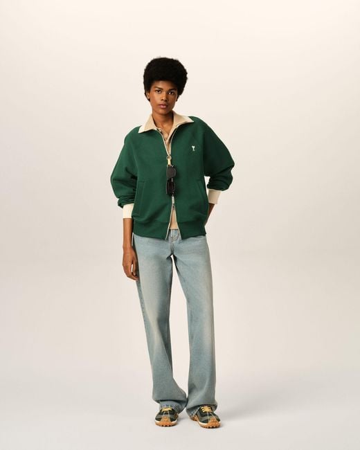 AMI Green Zipped Cotton Sweatshirt With Ami De Coeur
