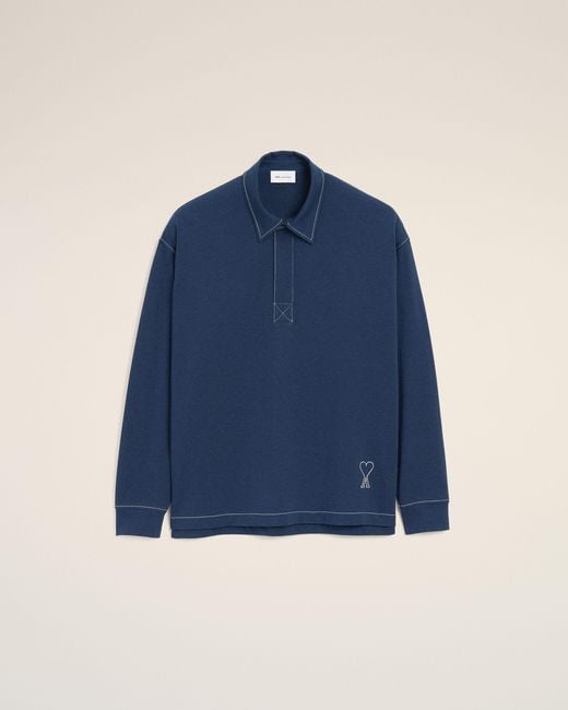 AMI Blue Cotton Long Sleeves Ami De Coeur Polo for men