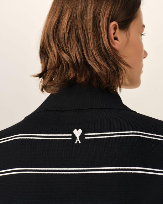 AMI Black Cotton Ami Patch Striped Polo