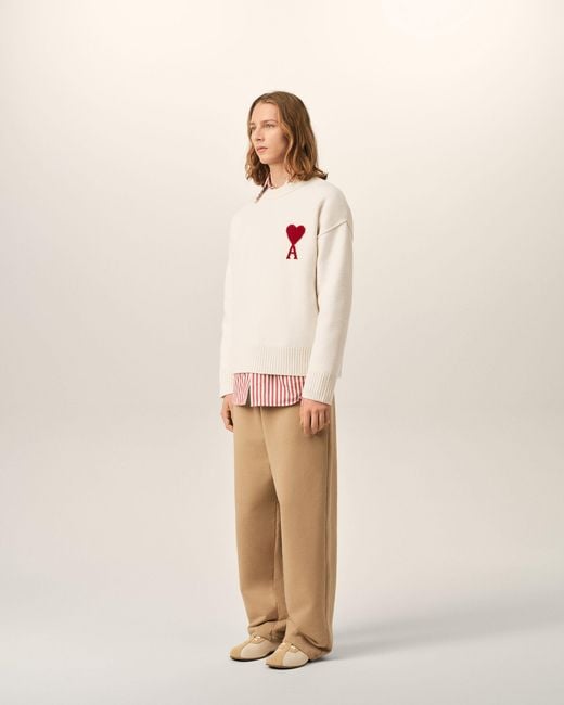AMI Natural Crewneck Wool Sweater With Ami De Coeur