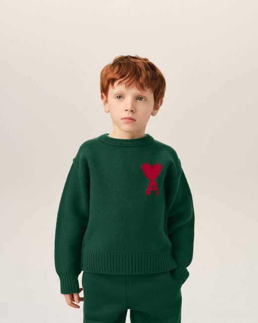 AMI Green Crewneck Wool Sweater With Ami De Coeur