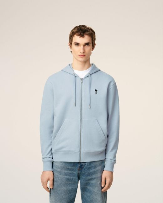 AMI Blue Cotton Zipped Ami De Coeur Hoodie for men