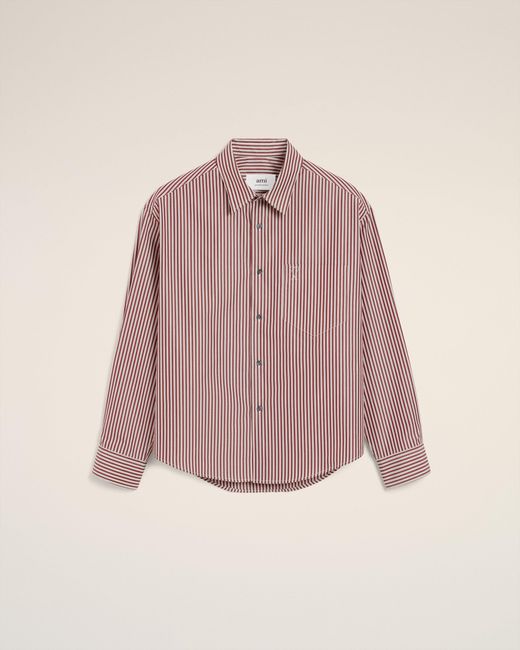 AMI Pink Burgundy Cotton Embossed Ami De Coeur Striped Boxy Shirt
