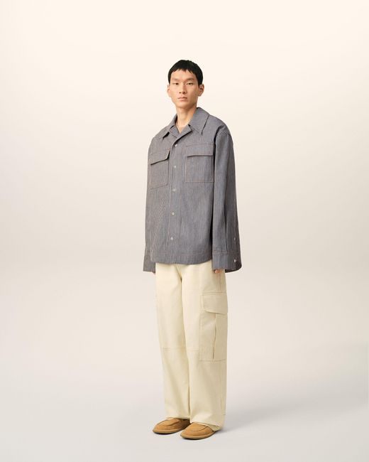 AMI Gray Striped Cotton Camp Collar Overshirt for men