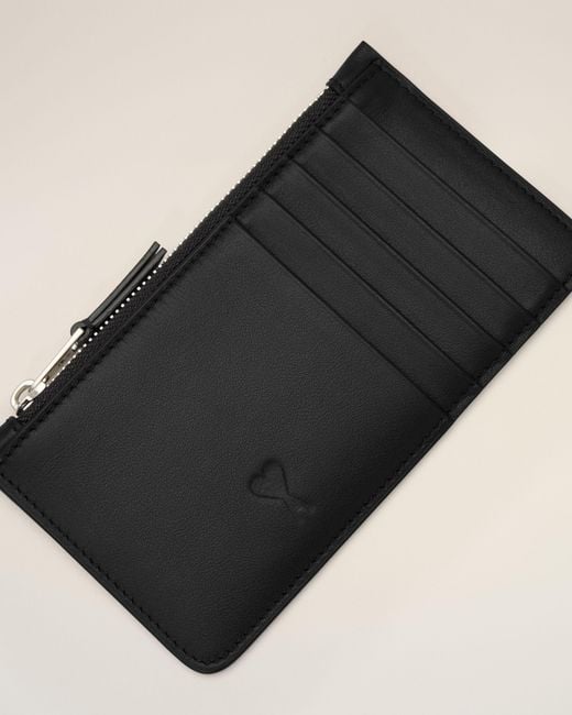 AMI Black Zipped Cowhide Leather Card Holder With Ami De Coeur