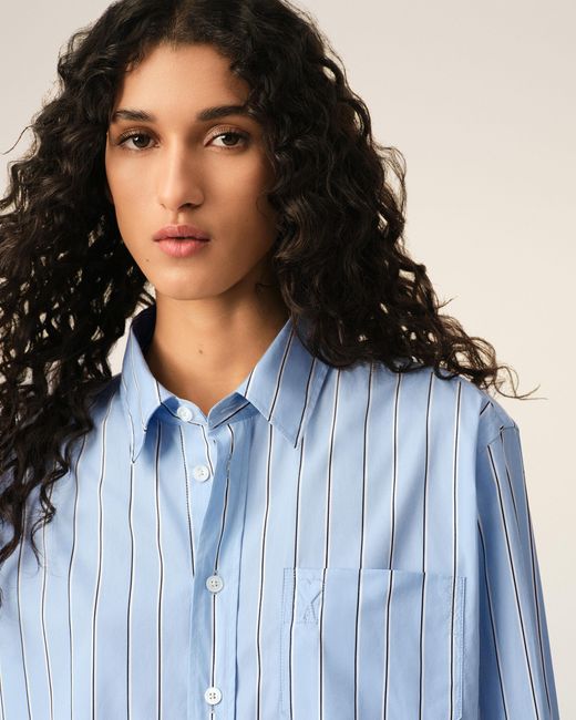 AMI Blue Striped Cotton Cropped Shirt