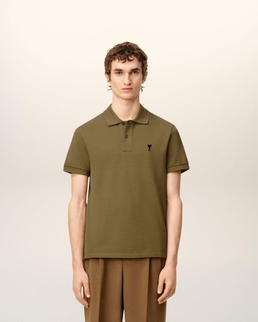 AMI Green Cotton Contrasted Ami De Coeur Polo Shirt for men