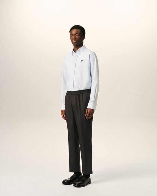 AMI Black Elasticated-Waist Striped Wool Trousers for men