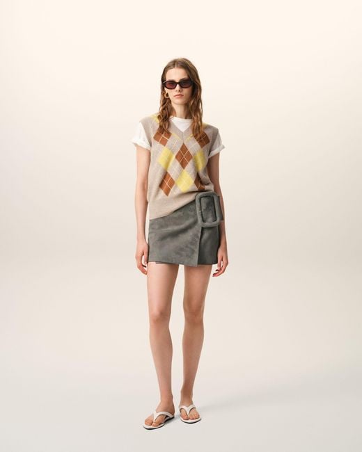 AMI Gray Goat Leather Big Buckle Belted Mini Skirt