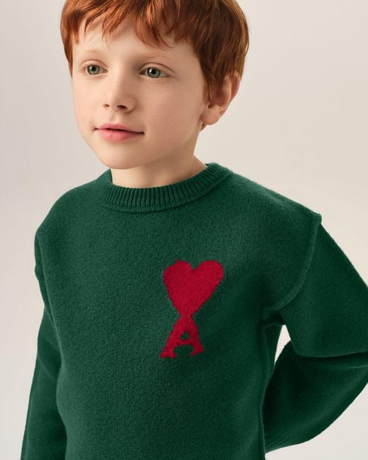 AMI Green Crewneck Wool Sweater With Ami De Coeur