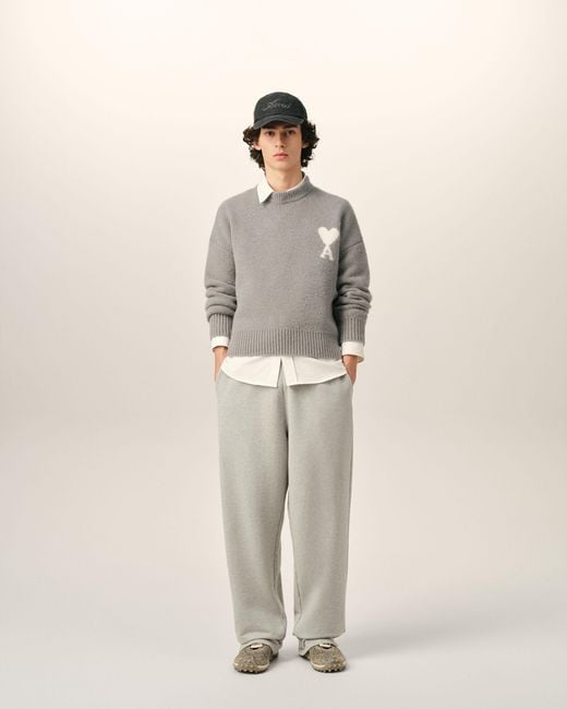 AMI Gray Crewneck Alpaca Sweater With Ami De Coeur