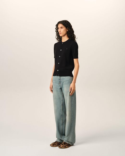 AMI Black Wool Short-Sleeve Cardigan With Ami De Coeur
