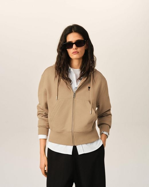 AMI Natural Zipped Cotton Hoodie With Ami De Coeur
