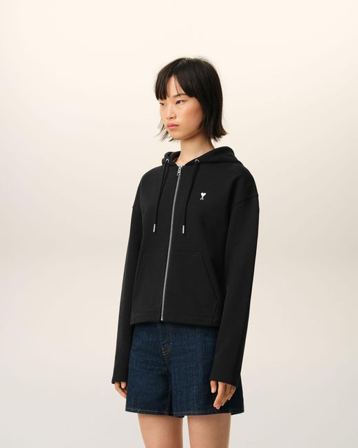 AMI Black Cotton Ami De Coeur Zipped Hoodie