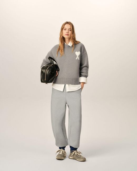 AMI Gray Crewneck Alpaca Sweater With Ami De Coeur