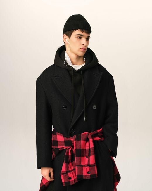 AMI Black Long Double Breasted Wool Coat for men