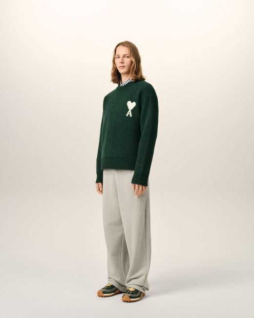 AMI Green Crewneck Alpaca Sweater With Ami De Coeur