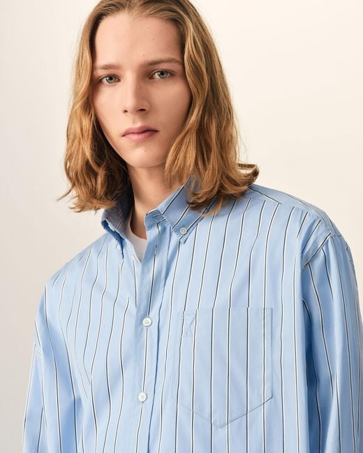 AMI Blue Boxy Striped Cotton Shirt With Embossed Ami De Coeur for men