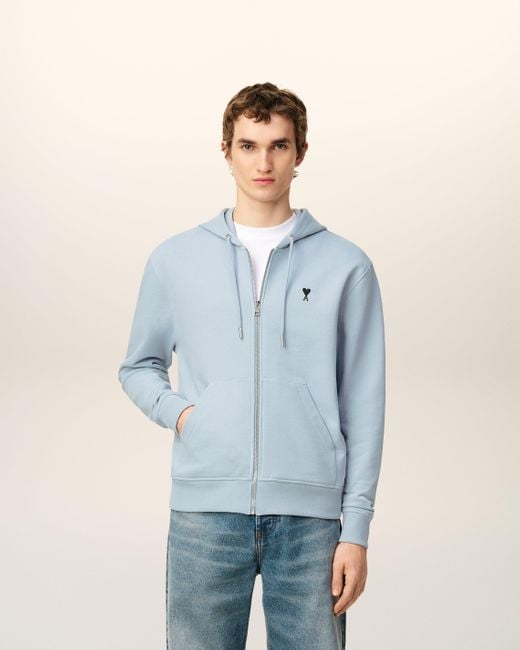 AMI Blue Cotton Zipped Ami De Coeur Hoodie for men