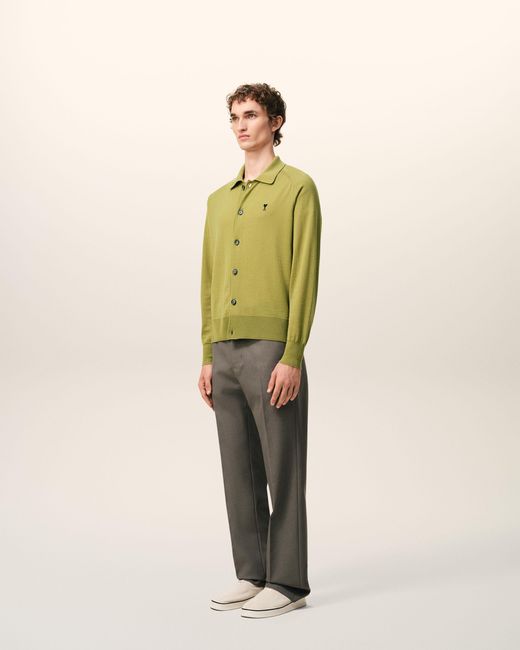 AMI Green Wool Shirt Collar Ami De Coeur Cardigan for men