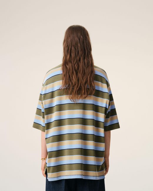 AMI Blue Striped Cotton Ami Patch Polo