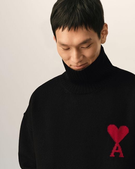 AMI Black Funell Neck Wool Sweater With Ami De Coeur