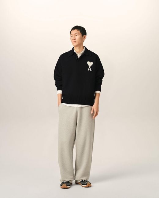 AMI Black Wool Polo With Ami De Coeur