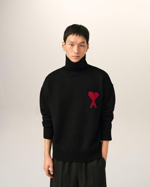 AMI Black Funell Neck Wool Sweater With Ami De Coeur