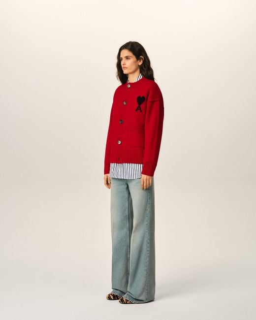 AMI Red Crewneck Wool Cardigan With Ami De Coeur