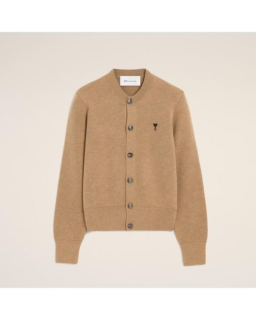 AMI Natural Crewneck Wool Cardigan With Ami De Coeur