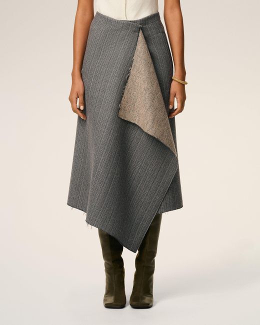 AMI Gray Wool Midi Herringbone Wrapped Skirt