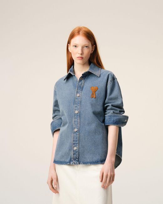 AMI Blue Worn Effect Cotton Jacket With Snap Buttons For