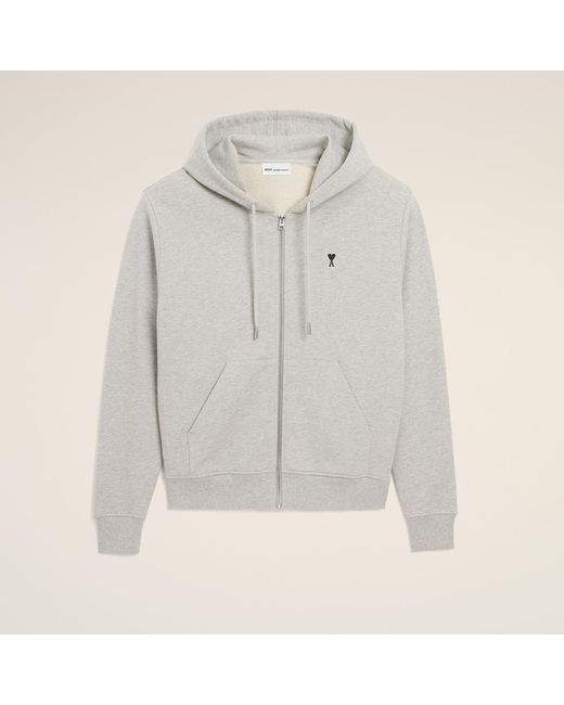 AMI Gray Zipped Cotton Hoodie With Ami De Coeur for men