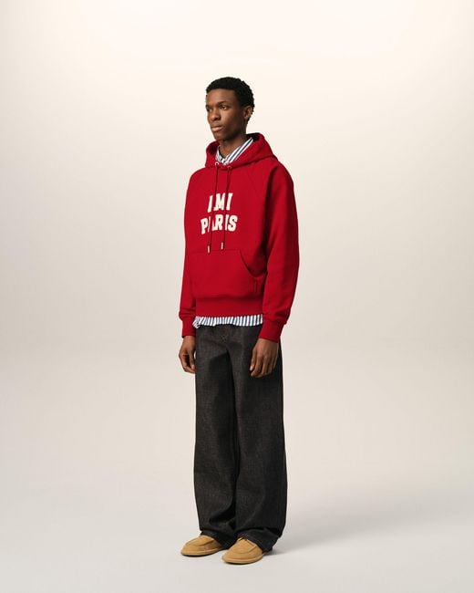 AMI Red Cotton Hoodie With Embroidery
