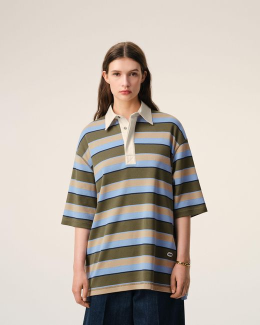 AMI Blue Striped Cotton Ami Patch Polo