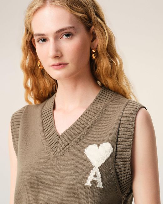AMI Natural Wool And Cotton Sleeveless Ami De Coeur Sweater