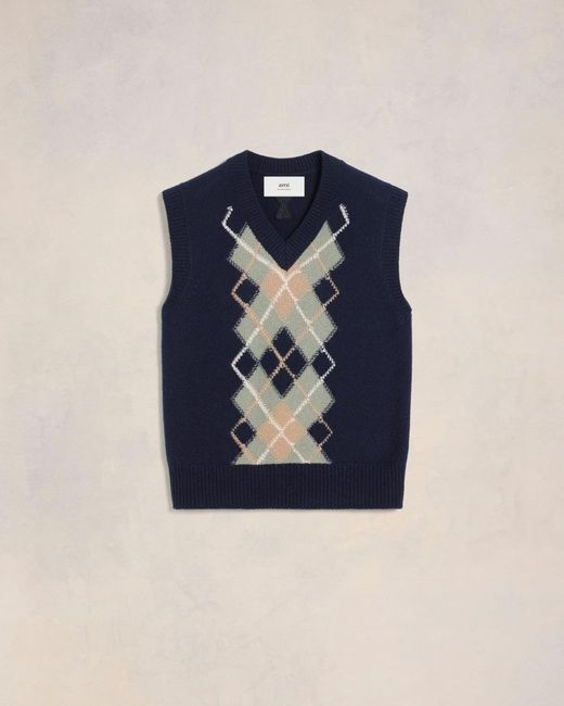 AMI Blue Argyle Sleeveless Sweater for men