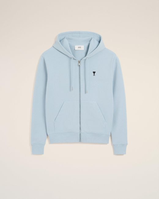 AMI Blue Cotton Zipped Ami De Coeur Hoodie for men
