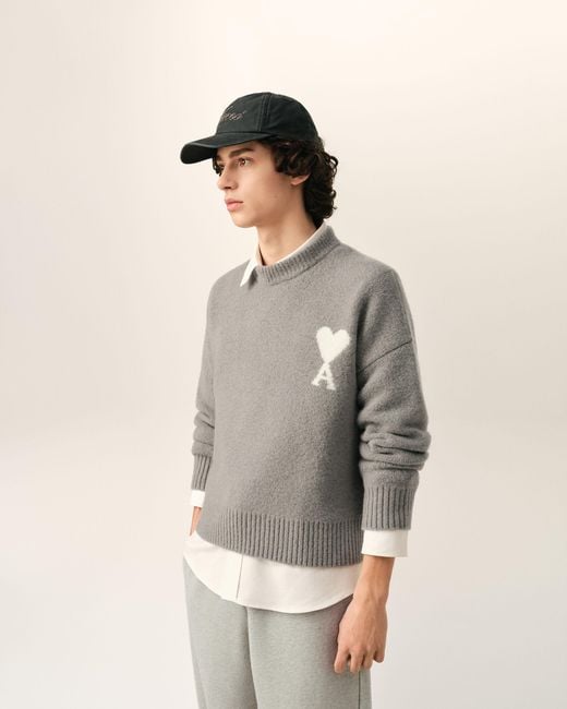 AMI Gray Crewneck Alpaca Sweater With Ami De Coeur