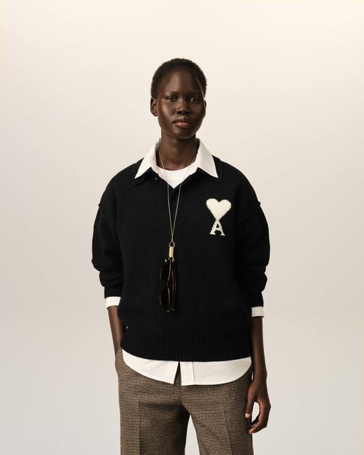 AMI Black Wool Polo With Ami De Coeur