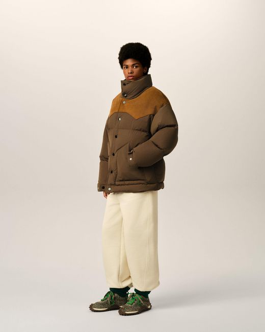 AMI Brown Nylon And Cotton Down Jacket With Leather Panels