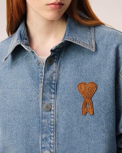 AMI Blue Worn Effect Cotton Jacket With Snap Buttons For
