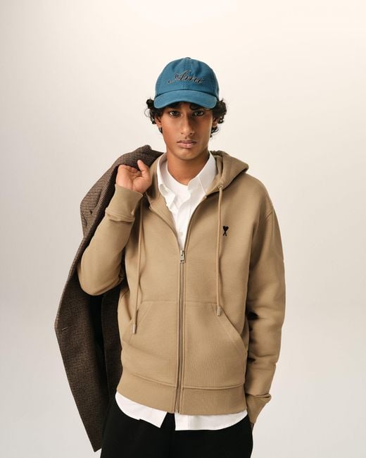 AMI Natural Zipped Cotton Hoodie With Ami De Coeur for men