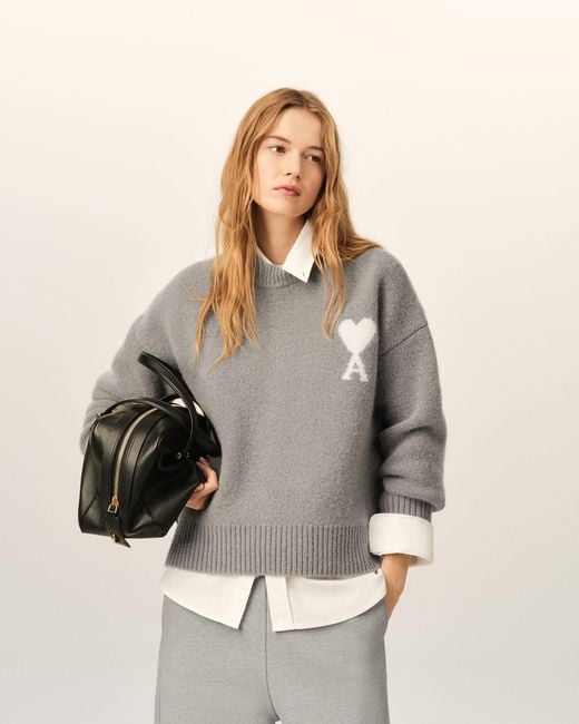 AMI Gray Crewneck Alpaca Sweater With Ami De Coeur