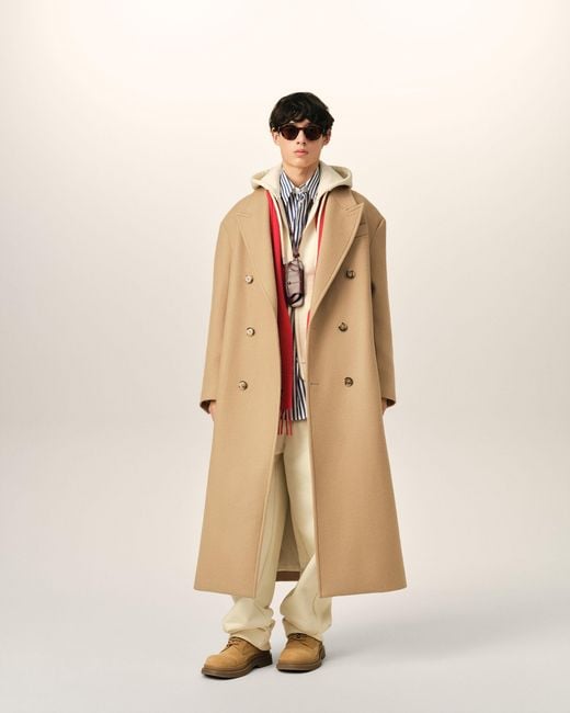 AMI Natural Long Double Breasted Wool Coat for men