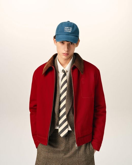AMI Red Cotton Zipped Jacket With Ami De Coeur for men