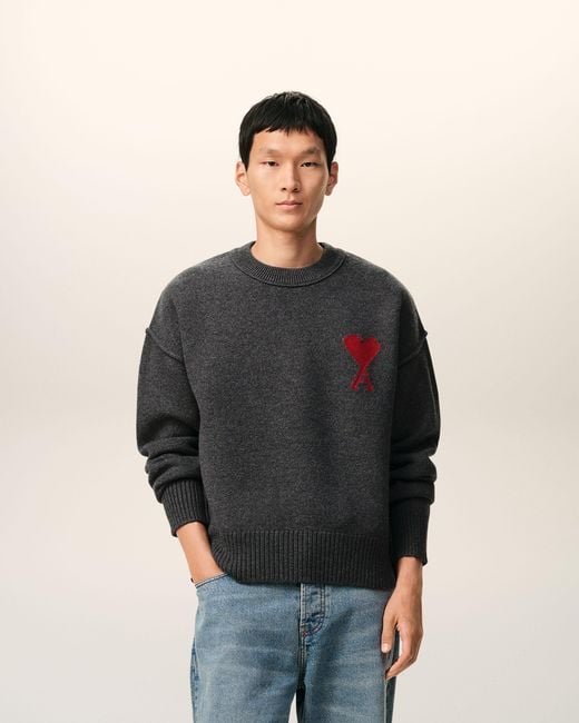 Pull Col Rond Avec Ami De Coeur Contraste En Laine AMI en coloris Blue